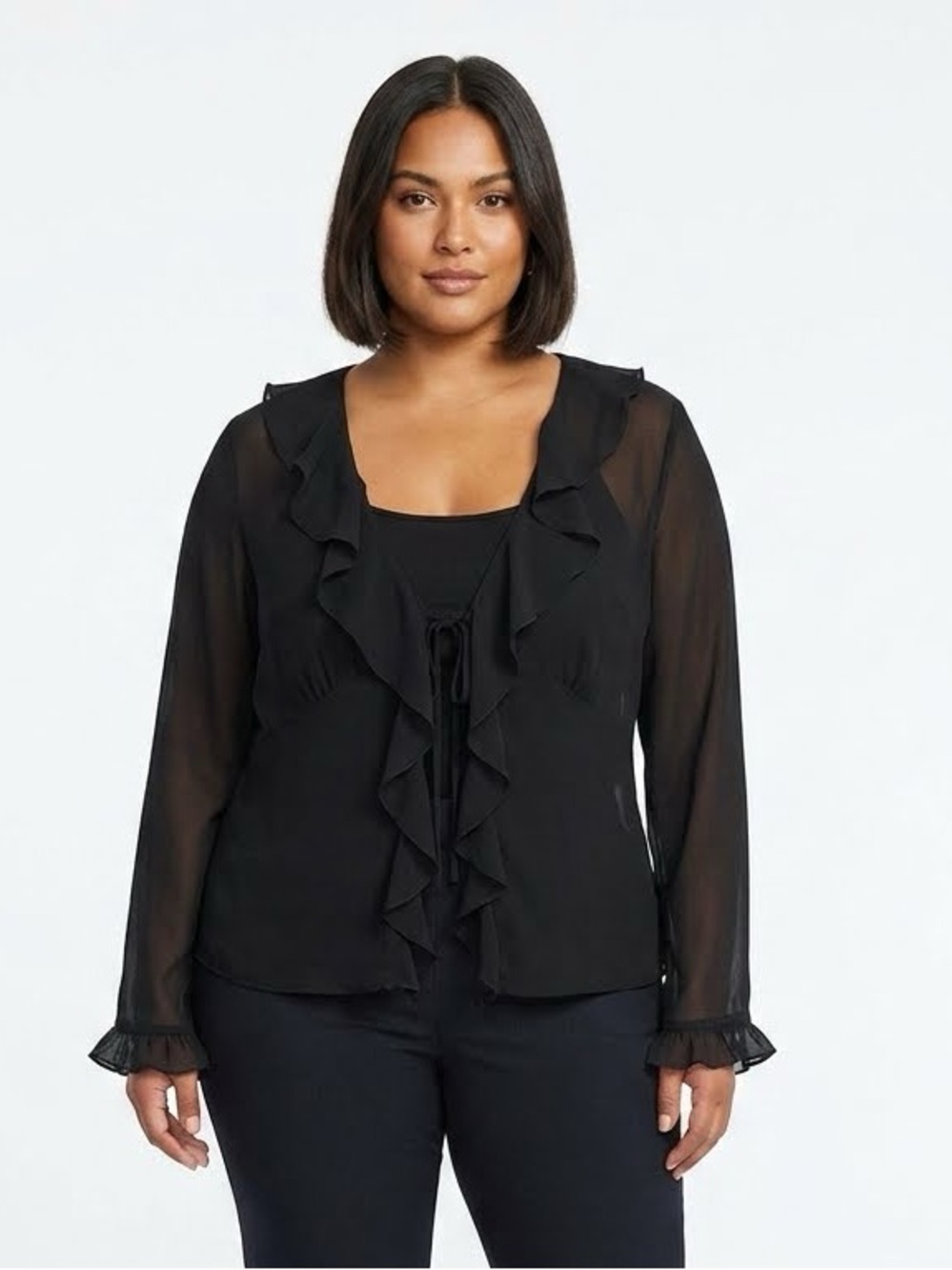 Aritzia Wilfred Frenchy Black Ruffle-Edges Sheer Blouse with Tie Closures Size L